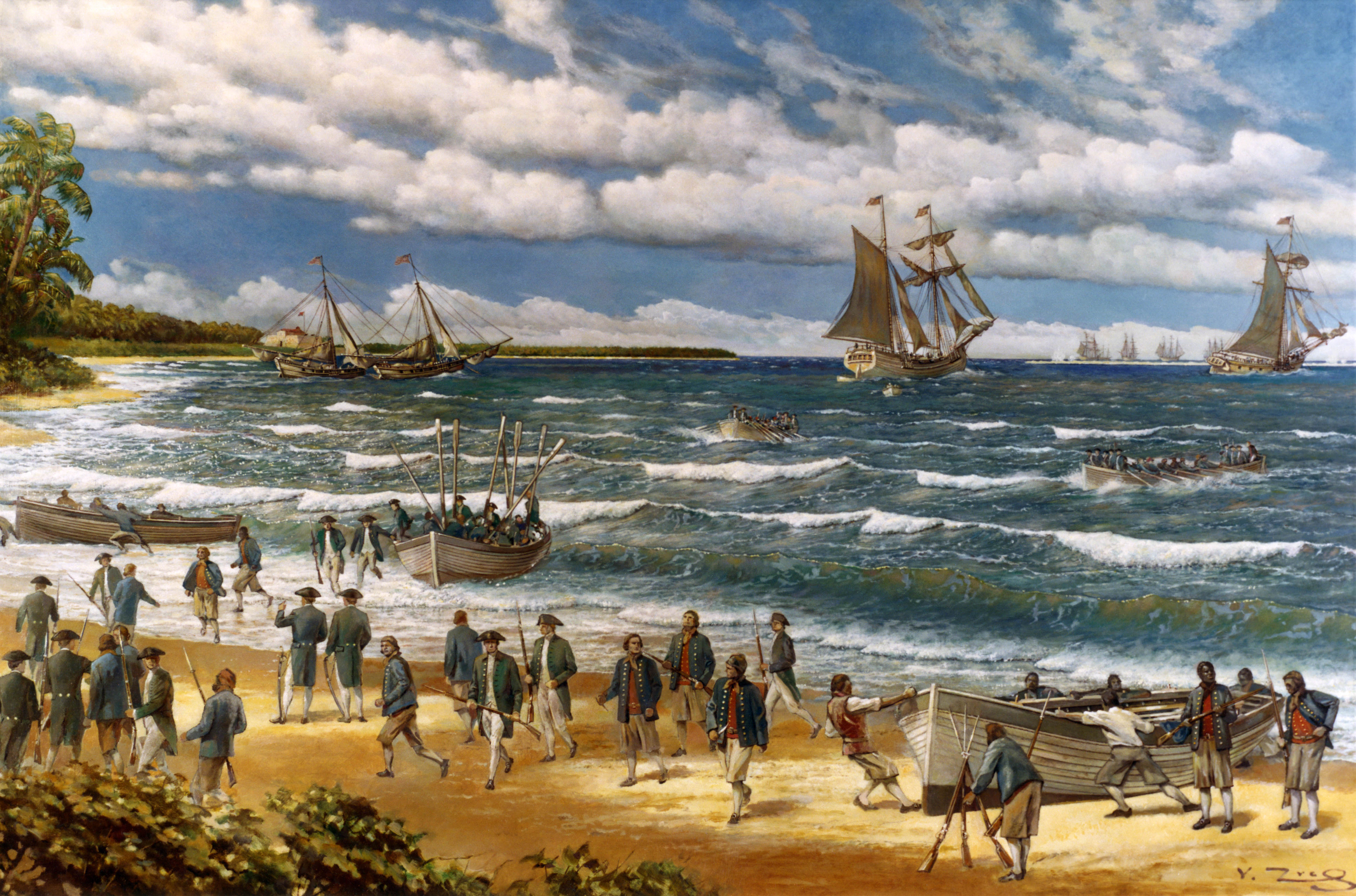 American marines make their first-ever amphibious landing at Nassau on March 3, 1776. 
